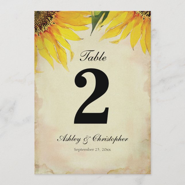 Sonnenblumen Hochzeitsempfang Tischnummer Zwei (Vorderseite)