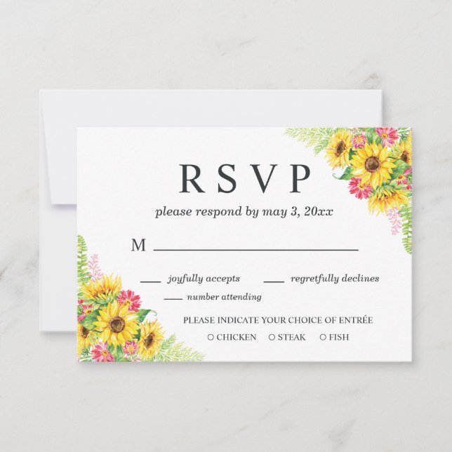 Sonnenblumen-Hochzeitskarte mit Abendauswahl RSVP Karte (Vorderseite)
