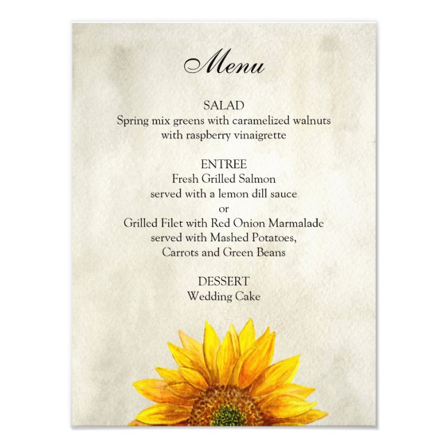 Sonnenblumen Hochzeitsmenü Poster. Speisekarte zum Fotodruck (Vorne)