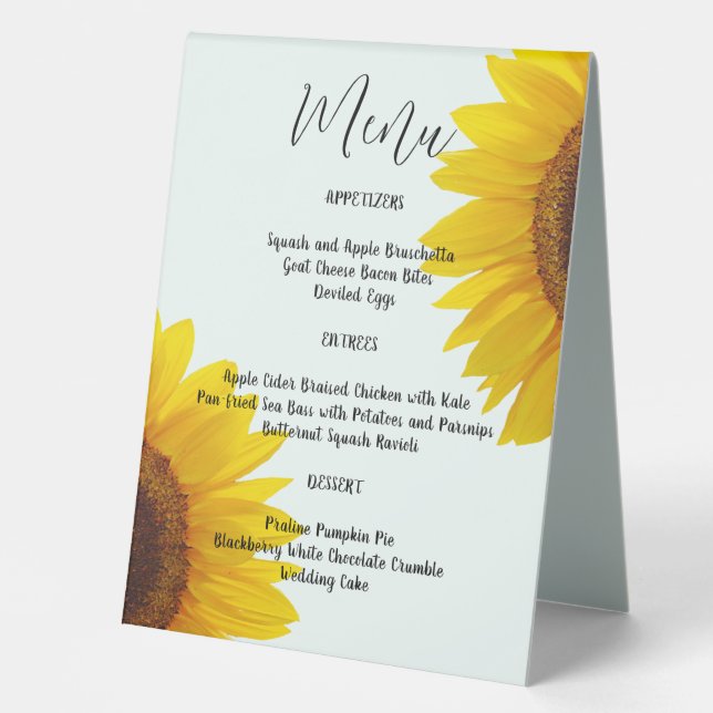 Sonnenblumen Hochzeitsmenü Tent-Zeichen Tischaufsteller (Vorderseite)