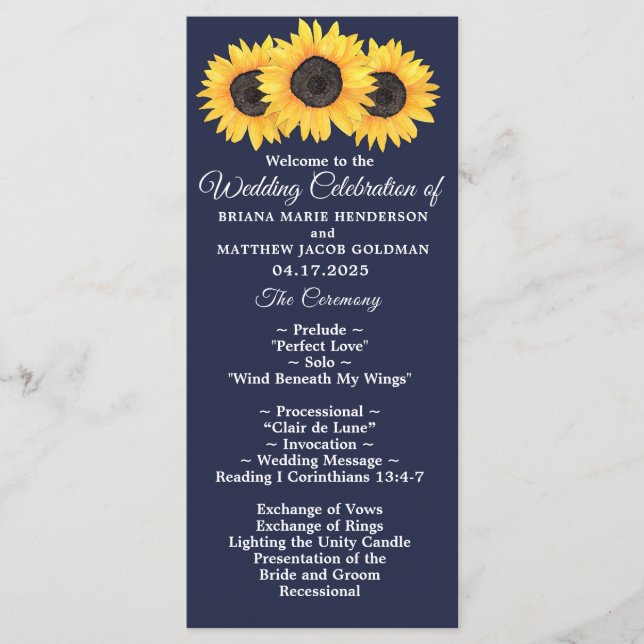 Sonnenblumen-Hochzeitsprogramm Land Blumen auf Bla Programm (Vorderseite)