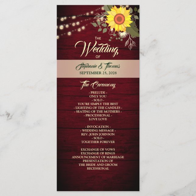 Sonnenblumen-Hochzeitsprogramm Programm (Vorderseite)
