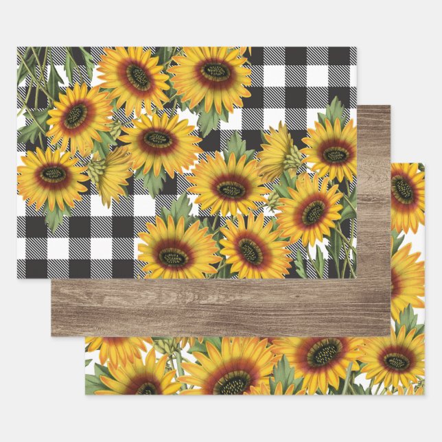 Sonnenblumen Holz Büffel Kariert Geschenkpapier Set (Set)