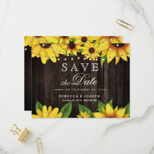 Sonnenblumen-Holz-Lichterkette Hochzeit Termin mer Einladungspostkarte