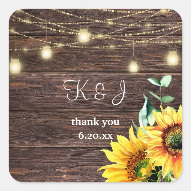 Sonnenblumen, Holz und Mason Jar String Lights Mon Quadratischer Aufkleber (Vorderseite)