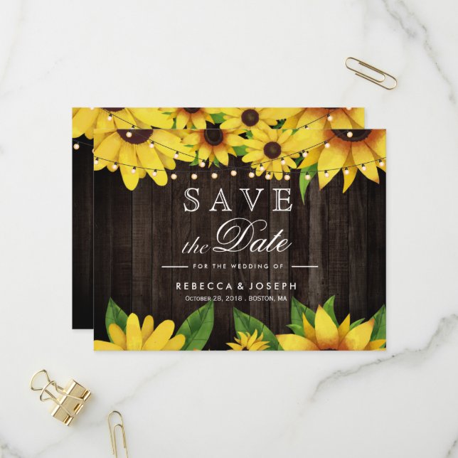 Sonnenblumen-Holzofenleuchten Hochzeit speichern d Einladungspostkarte (Vorderseite/Rückseite Beispiel)