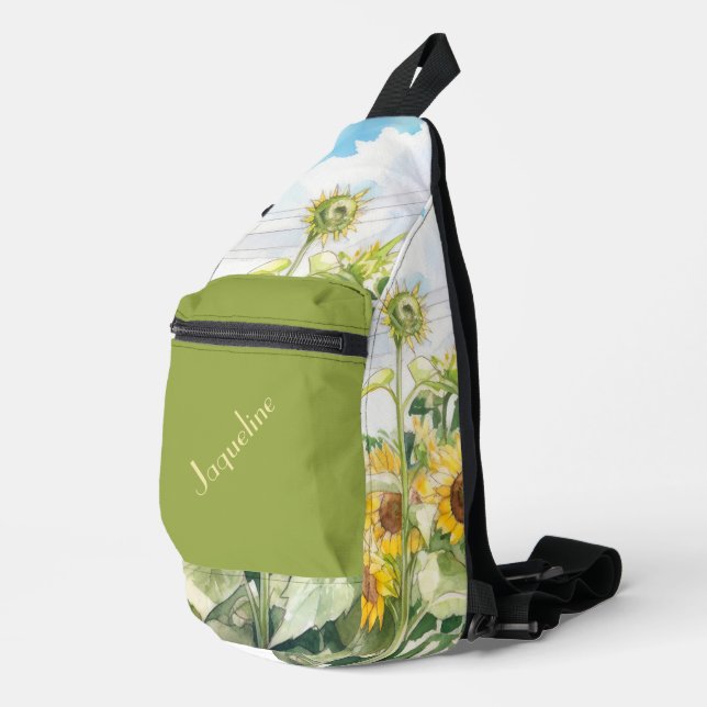 Sonnenblumen im gelbbraunen und grünen Hintergrund Crossbody Bag (Rechte Ecke)