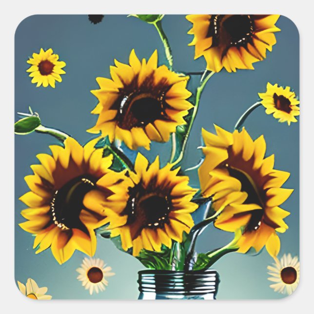 Sonnenblumen im Mason Jar Art Quadratischer Aufkleber (Vorderseite)