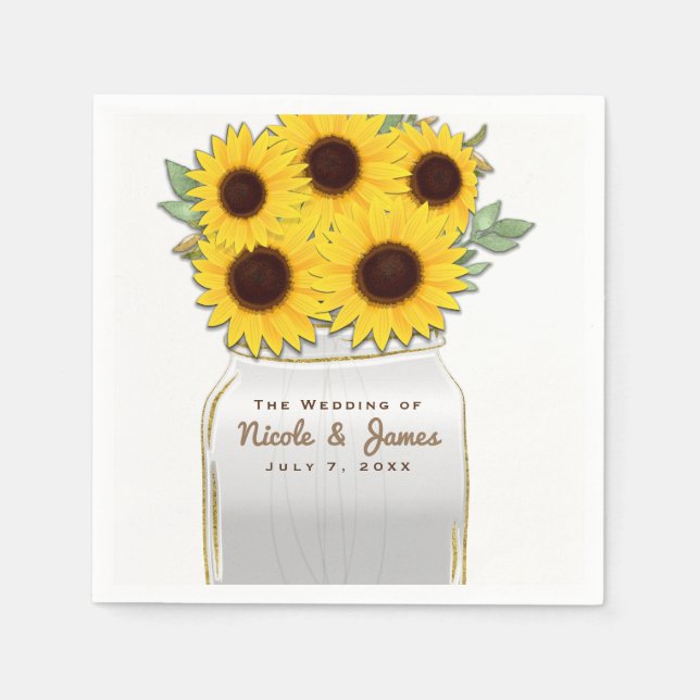 Sonnenblumen im Mason Jar Rustikales Chic Brautpar Serviette (Vorderseite)
