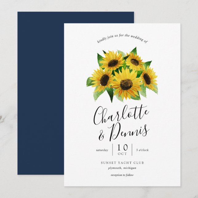 Sonnenblumen in Aquarellen und Hochzeit in Marineb Einladung (Vorne/Hinten)