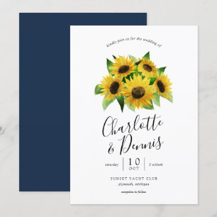 Sonnenblumen in Aquarellen und Hochzeit in Marineb Einladung