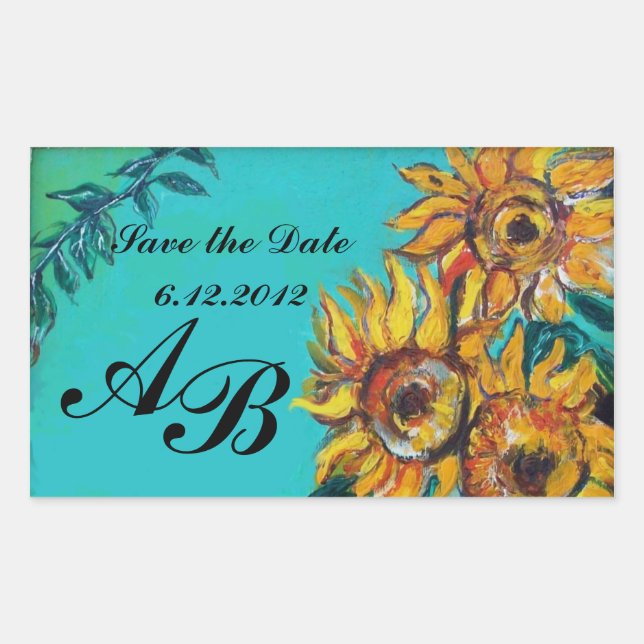 SONNENBLUMEN IN BLAU, AQUAMARIN, Save the Date, Mo Rechteckiger Aufkleber (Vorderseite)