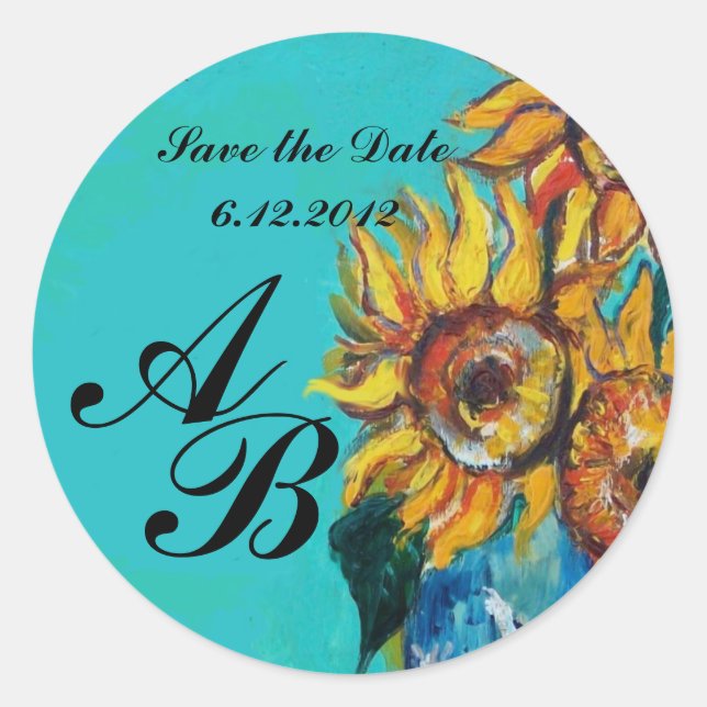 SONNENBLUMEN IN BLAU, AQUAMARIN, Save the Date, Mo Runder Aufkleber (Vorderseite)