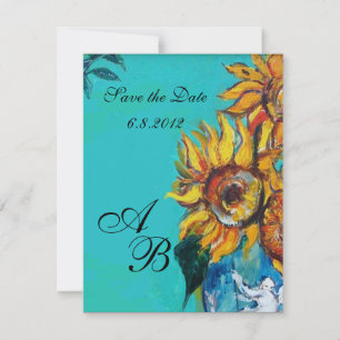 SONNENBLUMEN IN BLAU TURKIS SOMMER-PARTY-MONOGRAMM EINLADUNG