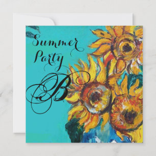 SONNENBLUMEN IN BLAUER TÜRKISER SOMMERPARTY-MONOGR EINLADUNG
