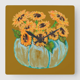 Sonnenblumen in der blauen Kürbisvase-Uhr Quadratische Wanduhr