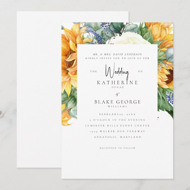 Sonnenblumen in der blühenden weißen Hochzeit Einladung (Vorne/Hinten)