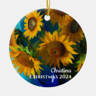 Sonnenblumen.in einer Blauen Vase personalisierte Keramik Ornament