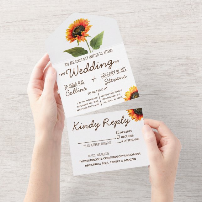 Sonnenblumen in einer Hochzeitseinladung All In One Einladung (Abreißen)