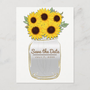 Sonnenblumen in Mason-Glas Rustikaler Chic Save th Ankündigungspostkarte
