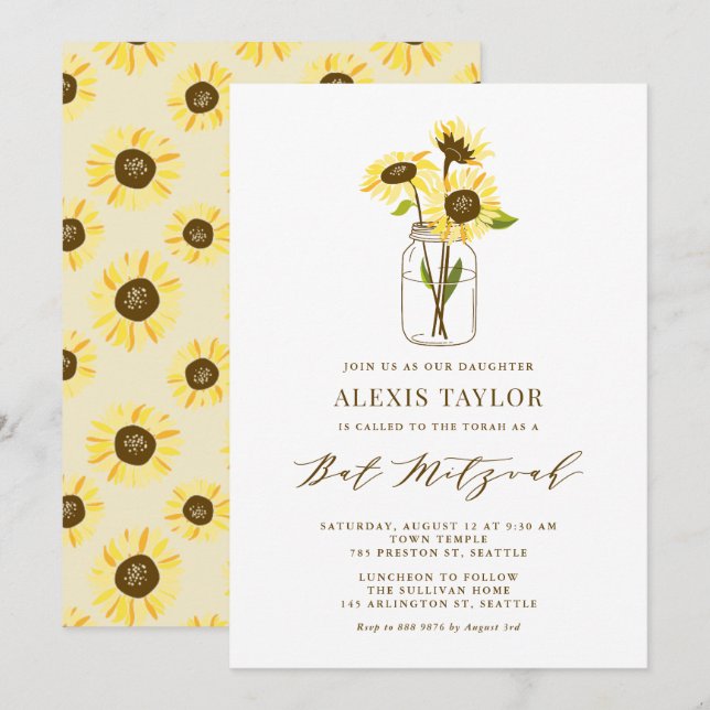 Sonnenblumen in Mason Jar Bat Mitzvah Einladung (Vorne/Hinten)