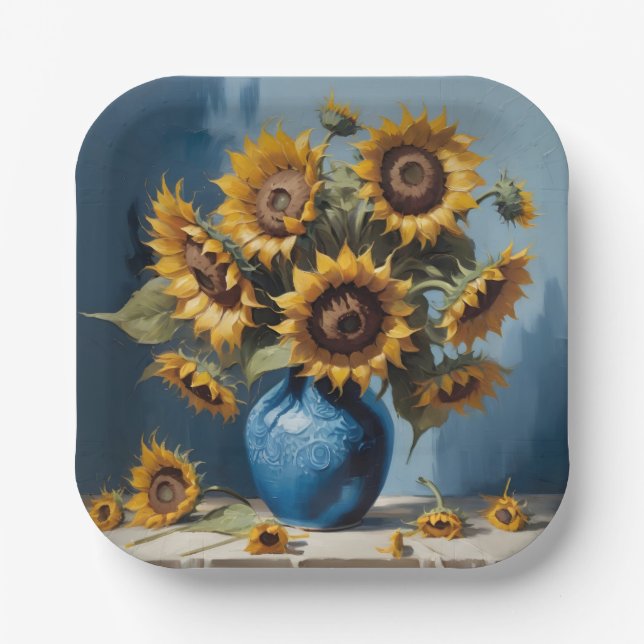 Sonnenblumen in Vase Pappteller (Vorderseite)