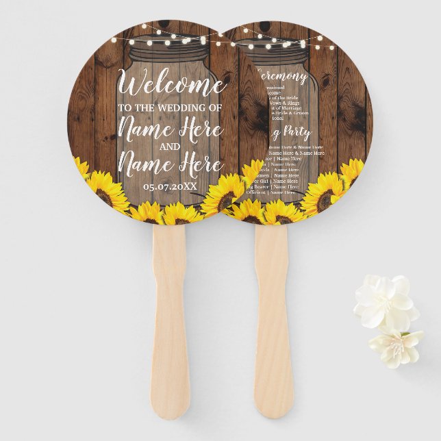 Sonnenblumen Jar Wood Wedding Programm Blumenlüfte Fächer (Vorne und Hinten)
