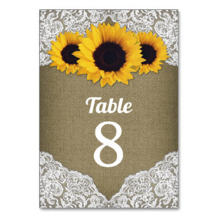 Sonnenblumen-Jute-Spitze-Hochzeit-Tischnummer-Kart Tischnummer
