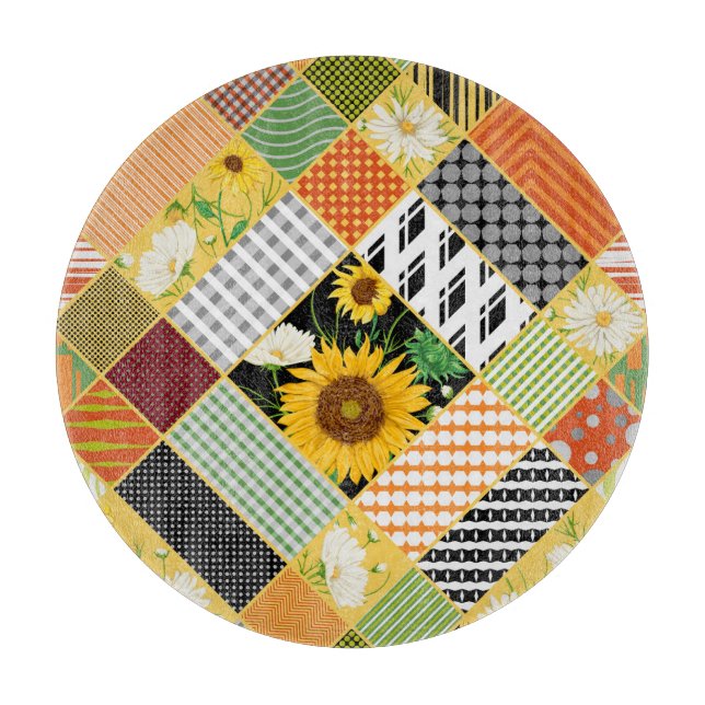 Sonnenblumen Kamille, Patchwork Wasserfarbe. Schneidebrett (Vorderseite)