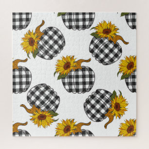 Sonnenblumen, karierter Kürbis, Bauernhaus-Dekorat