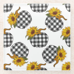 Sonnenblumen, karierter Kürbis, Bauernhaus-Dekorat Glasuntersetzer
