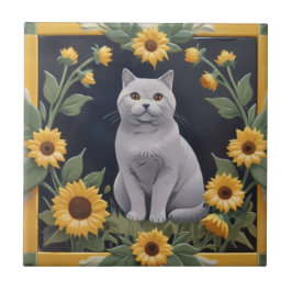 Sonnenblumen Katzen - Graue Katze & Gelbe Sonnenbl Fliese