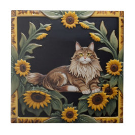 Sonnenblumen Katzen - MaineCoon Katze & Gelbe Sonn Fliese