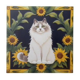 Sonnenblumen Katzen - Ragdoll Katze & gelbe Sonnen Fliese