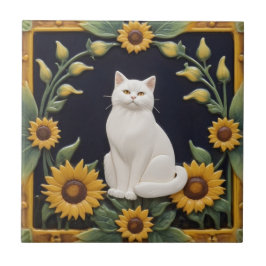 Sonnenblumen Katzen - Weiße Katze & Gelbe Sonnenbl Fliese