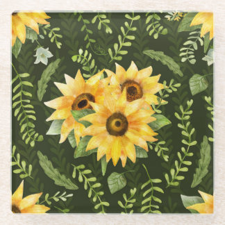 Sonnenblumen Kräuter Blätter Aquarellmuster Glasuntersetzer