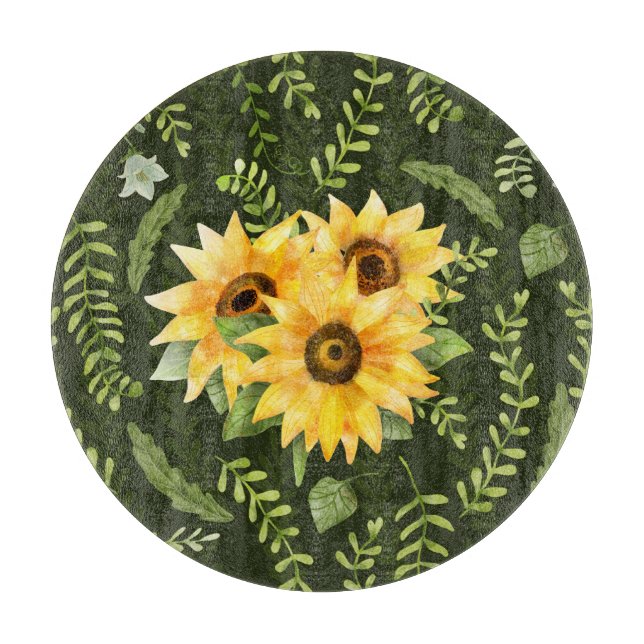 Sonnenblumen Kräuter Blätter Aquarellmuster Schneidebrett (Vorderseite)
