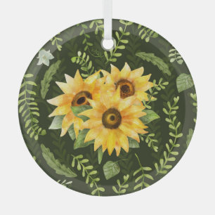 Sonnenblumen Kräuter Blätter Wasserfarbenmuster Ornament Aus Glas