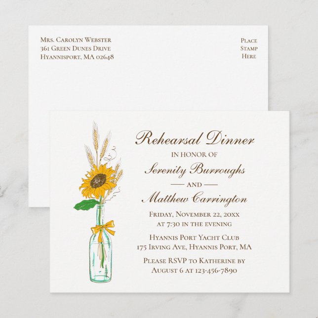 Sonnenblumen Land Hochzeit Probe Abendessen Einladungspostkarte (Vorne/Hinten)
