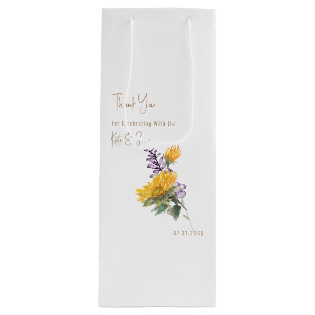 Sonnenblumen & Lavendel Elegante Weiße Hochzeit Geschenktüte Für Weinflaschen (Vorderseite)