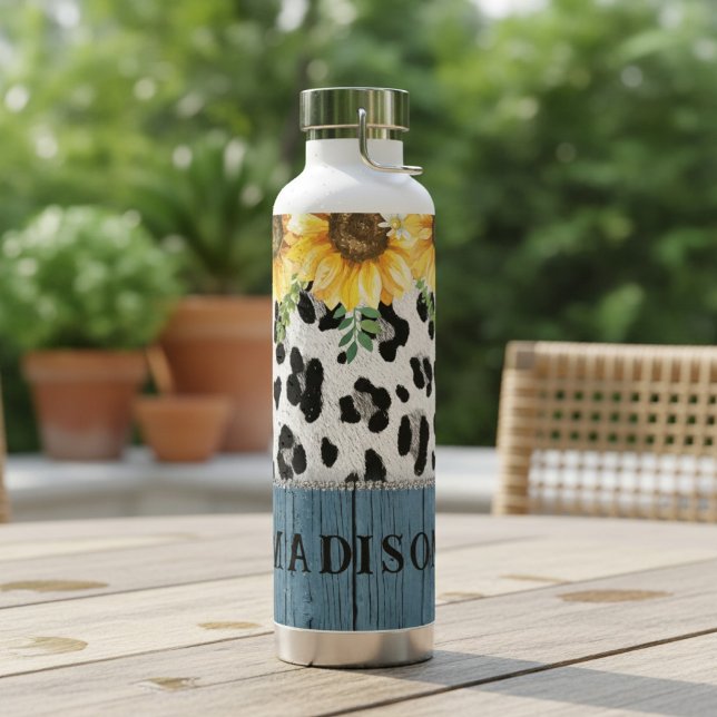 Sonnenblumen Leopard Print Rustic Chic Name Trinkflasche (Von Creator hochgeladen)