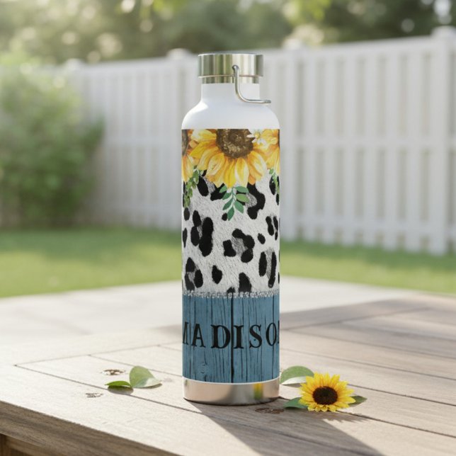 Sonnenblumen Leopard Print Rustic Chic Name Trinkflasche (Von Creator hochgeladen)