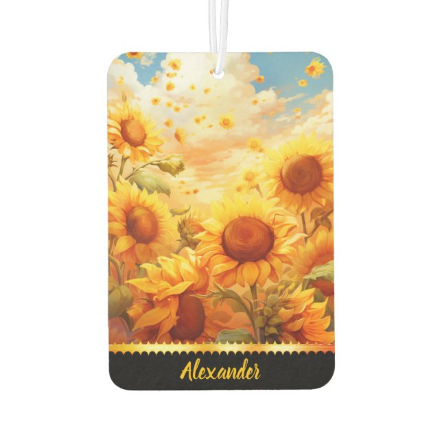 Sonnenblumen leuchten unter einer goldenen Dämmeru Autolufterfrischer (Rückseite)