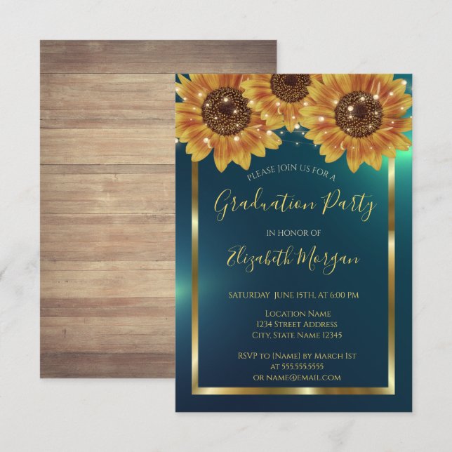 Sonnenblumen, Licht, Holz, Confetti Grüner Abschlu Einladung (Vorne/Hinten)