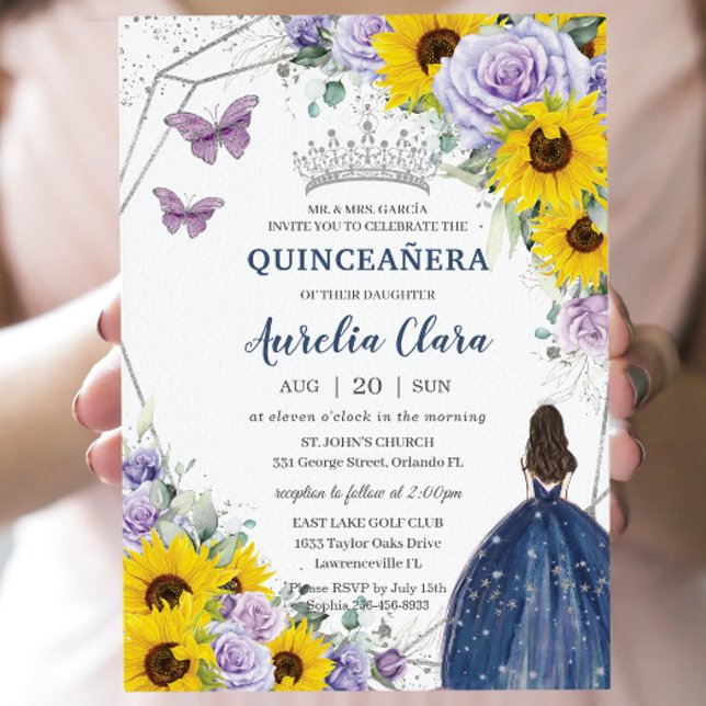 Sonnenblumen Lila Blumen Navy Blue Gown Quinceañer Einladung (Von Creator hochgeladen)