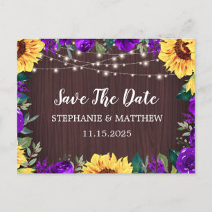 Sonnenblumen Lila Blumengestein Holz Save the Date Ankündigungspostkarte