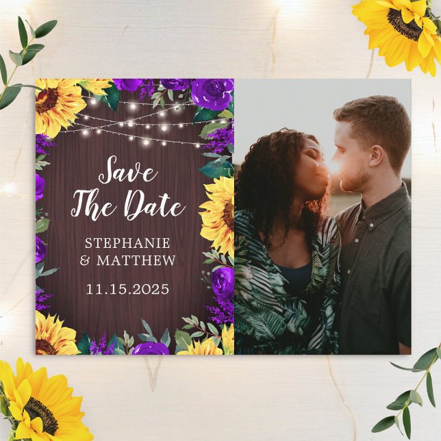 Sonnenblumen Lila BlumengrenzenFoto Save the Date Ankündigungspostkarte (Von Creator hochgeladen)