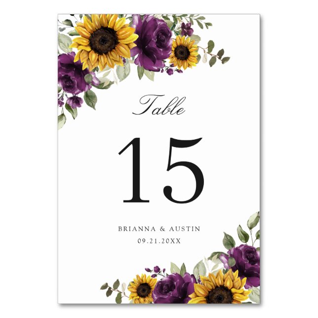 Sonnenblumen Lila Blüte Rustikale Tischnummer (Vorderseite)