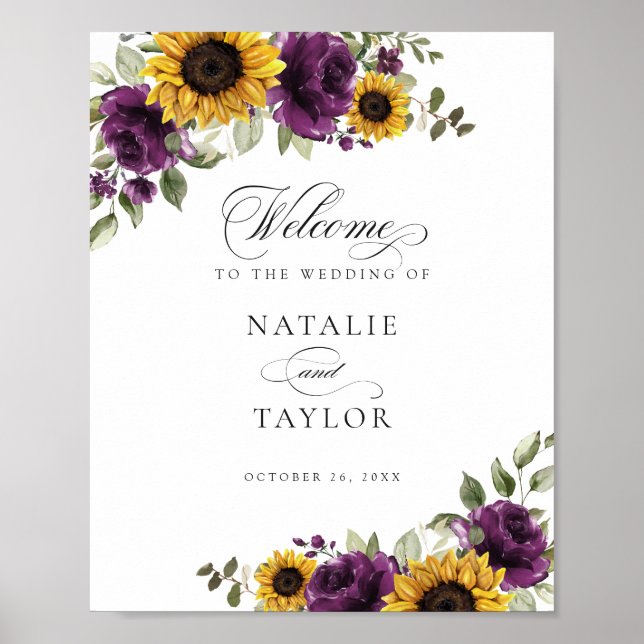 Sonnenblumen Lila Grüne Hochzeit Begrüßungszeichen Poster (Vorne)