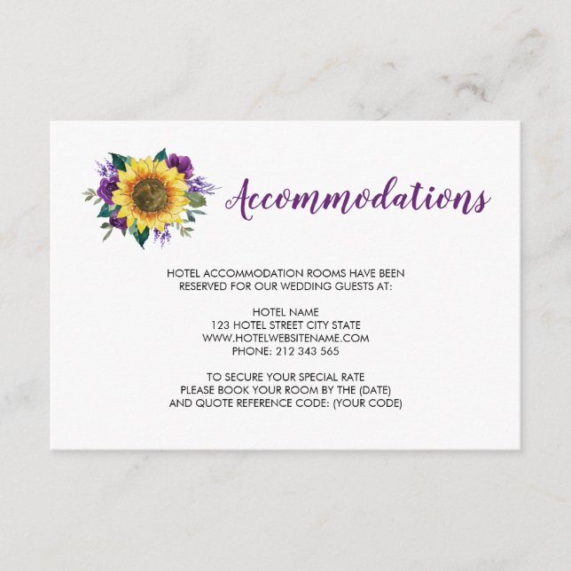 Sonnenblumen Lila Rose Hochzeitsunterkünfte Begleitkarte (Vorderseite)